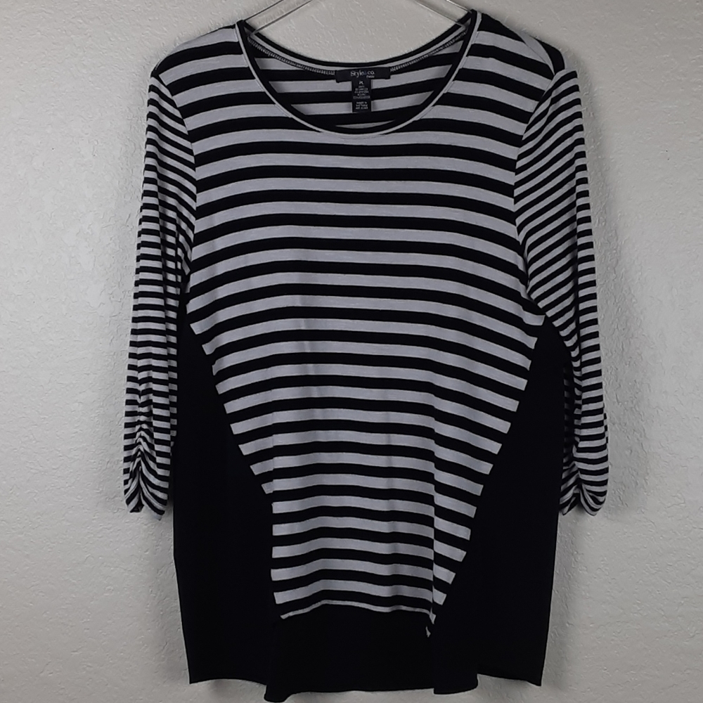 Style & Co. Stripe Mix Material 3/4 Sleeve Flowy Layered Fabric Back Blouse